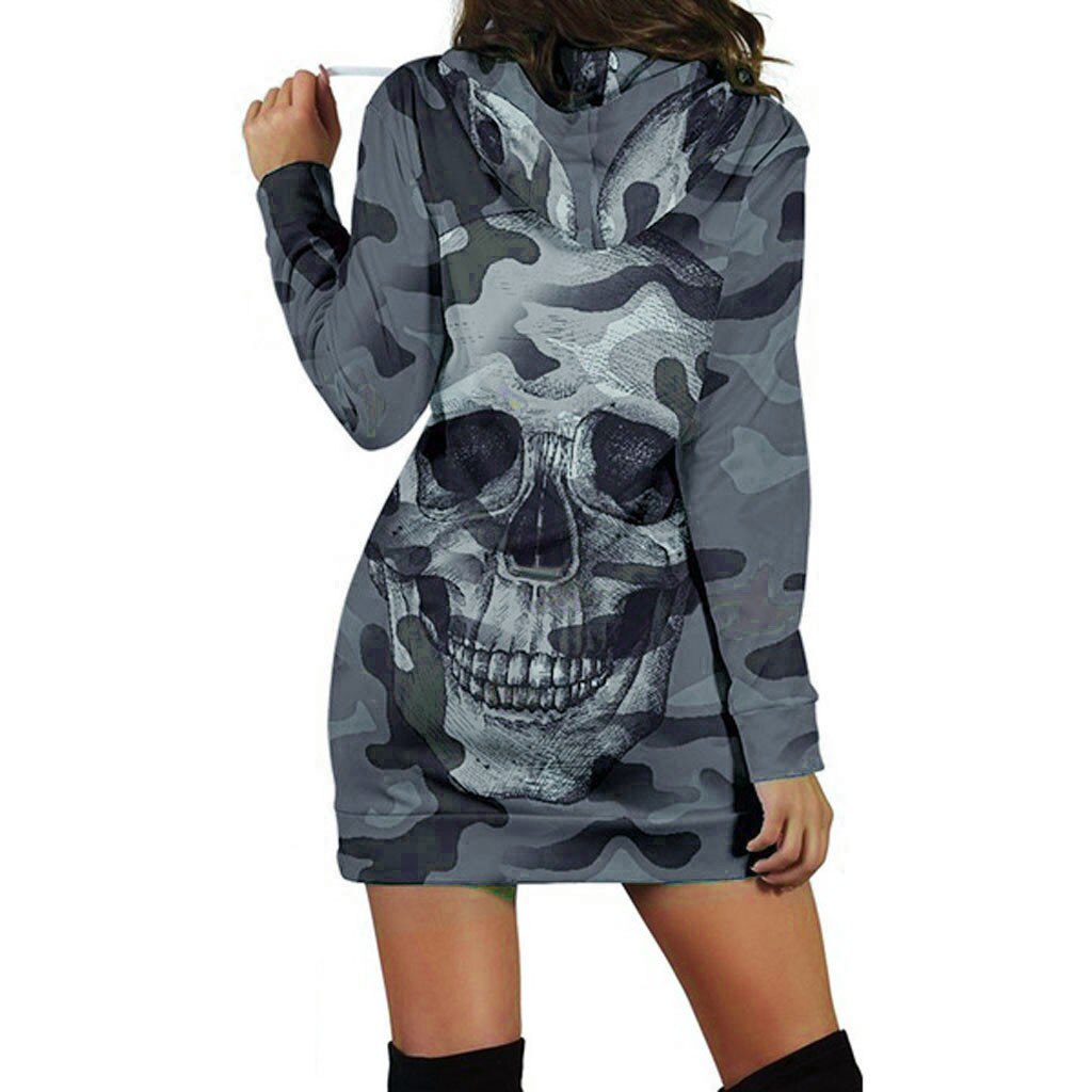 Sweashirt Dress Women Long Sleeve Casual Hooded Camouflag Skull