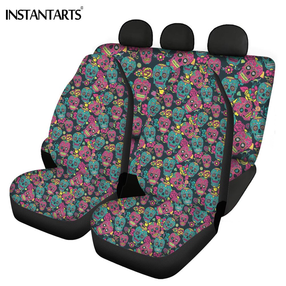 Newest Luxury Sugar Skull Pattern Design Lady Car Seat Covers Non-slip Washable Full Set Front/Back Car Seat Cushion