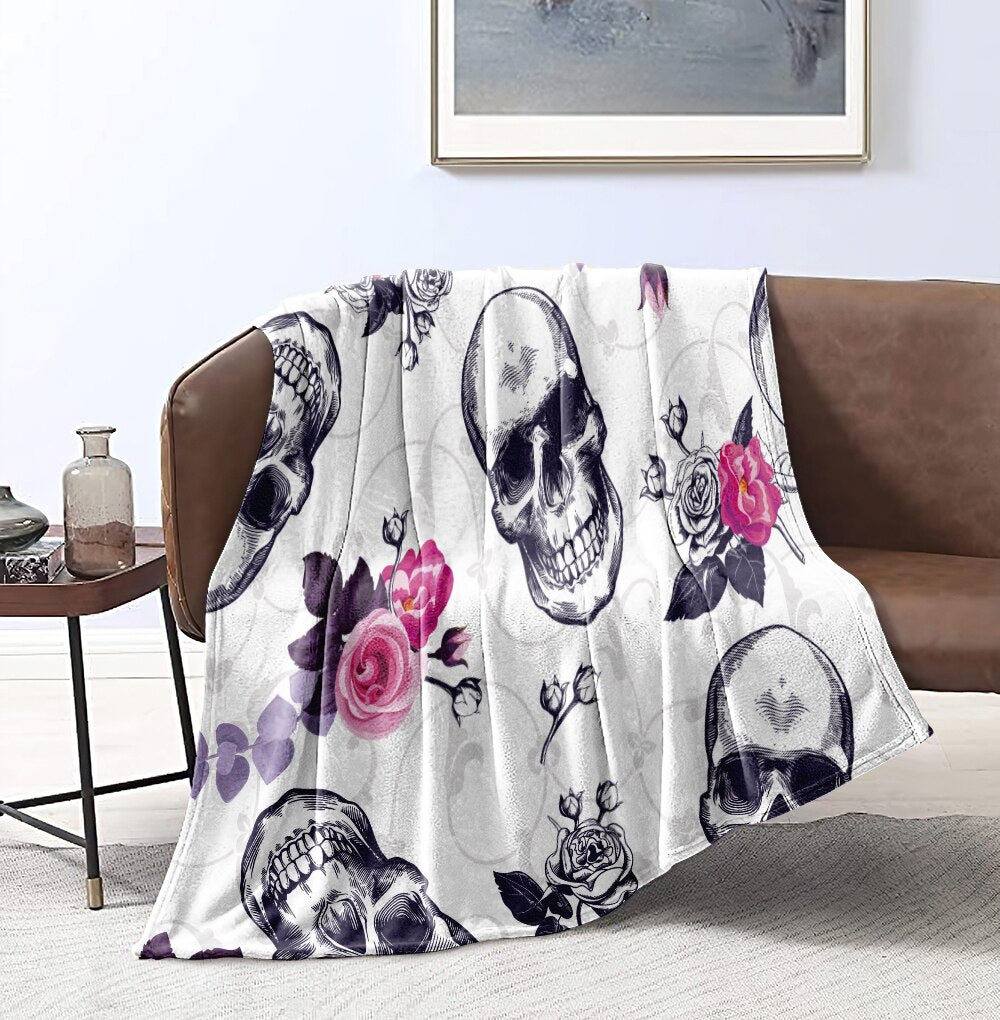 Skull Blanket Floral Skull Throw Blanket Black White Background Sherpa Flannel Blanket