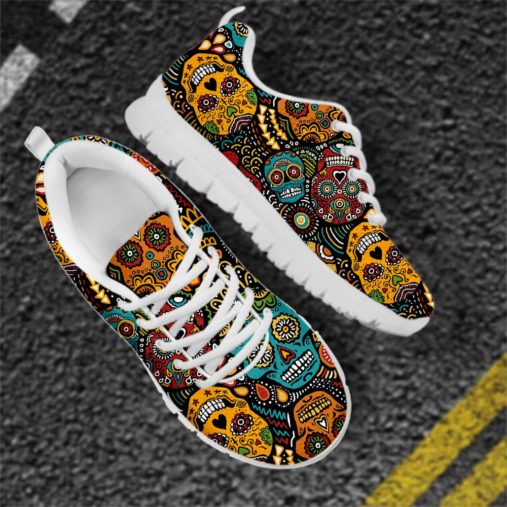 Sugar Skull Pattern Stylish Ladies Flats Shoes Breathable Lace Up Air Mesh Sneakers