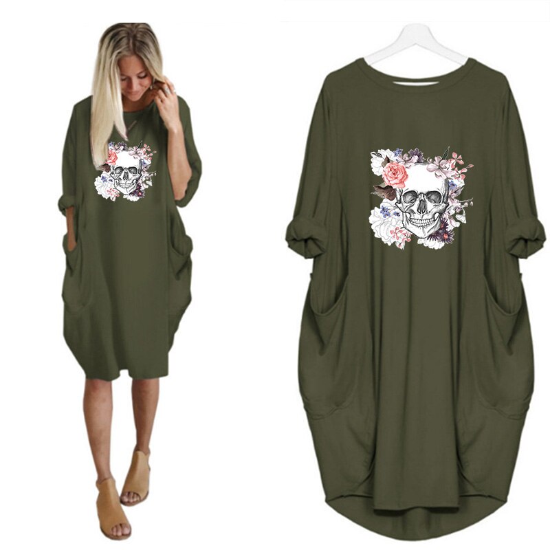 Plus Size 5XL Women's Dress Skull Print Long Sleeve O Collar Pocket