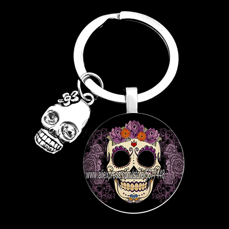 Exquisite Colorful Sugar Skull Pendent Glass Keychain Skeleton and Flower Key Ring for Unisex
