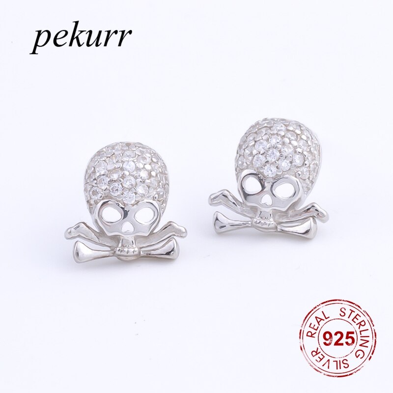 Real 925 Sterling Silver Zircon Skull Head Bone Stud Earring