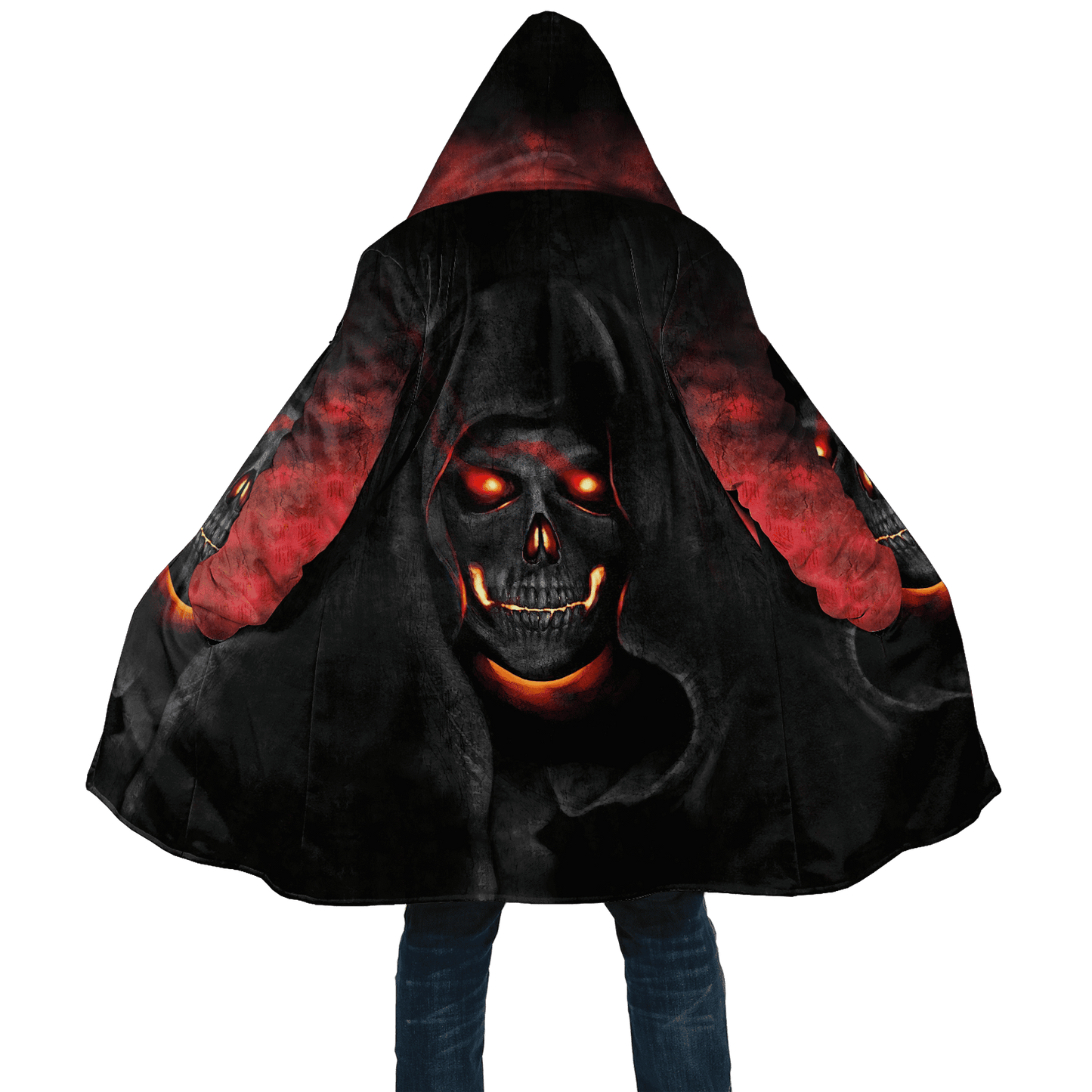 Winter Mens Cloak Fire Reaper Skull Tattoo 3D full Printing Fleece Hooded cloak Coat Unisex Casual Thick Warm Cape coat