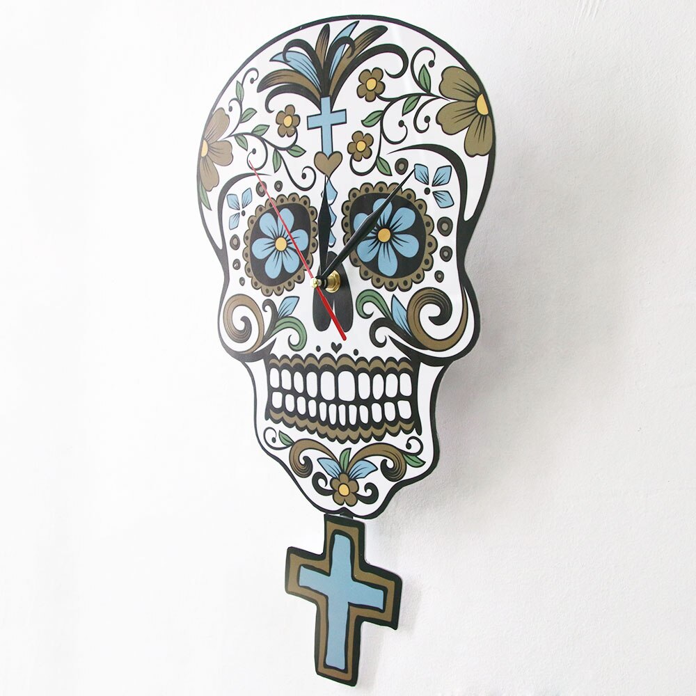 Mexican Day of the Dead Floral Sugar Skull Pendulum Wall Clock