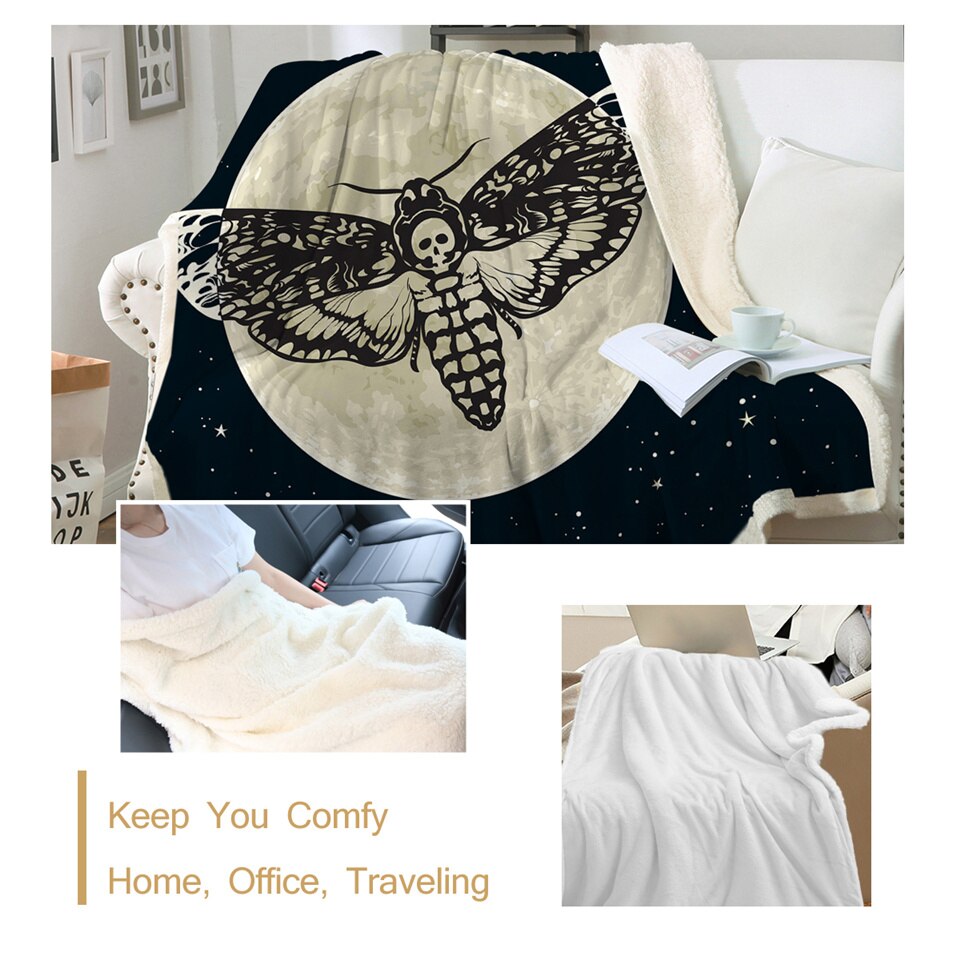 Moth Sherpa Throw Blanket Gothic Skull Astrology Bedspreads Butterfly