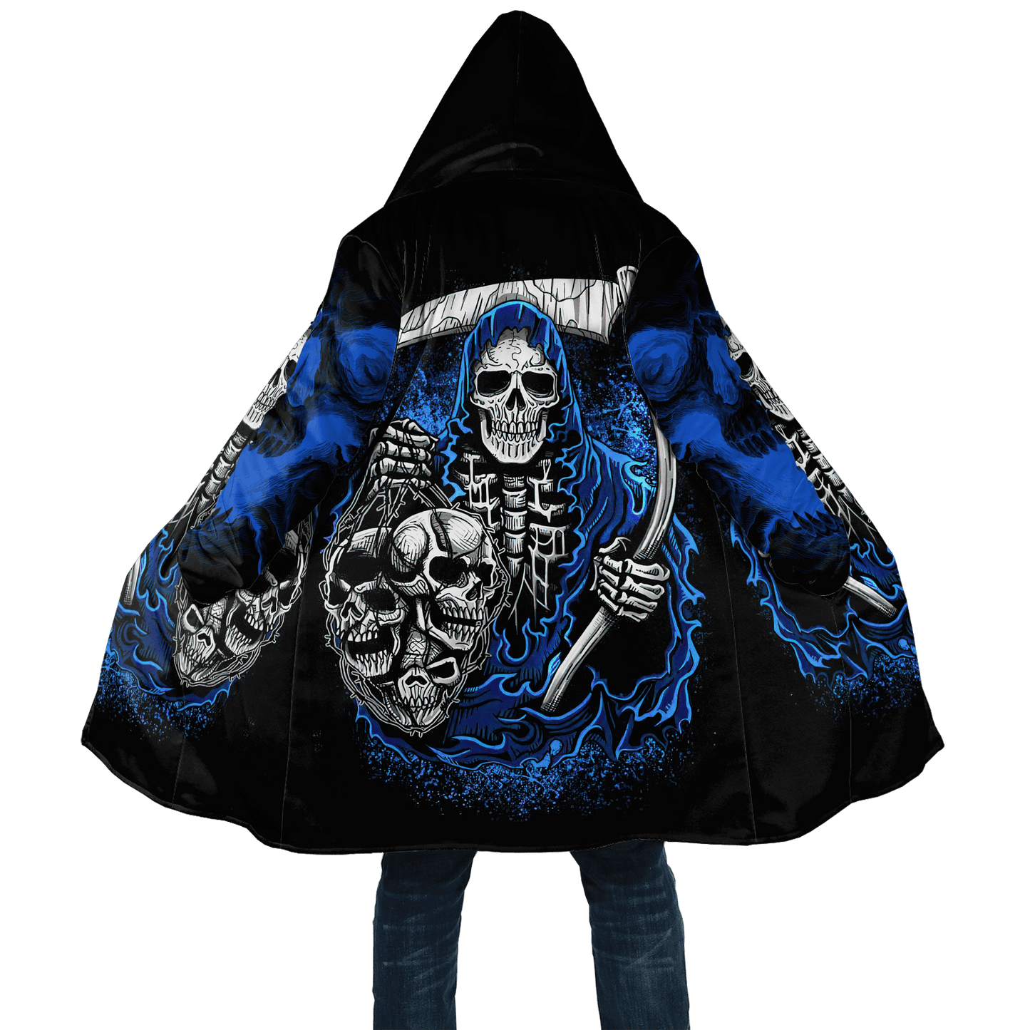 Winter Mens Cloak Fire Reaper Skull Tattoo 3D full Printing Fleece Hooded cloak Coat Unisex Casual Thick Warm Cape coat