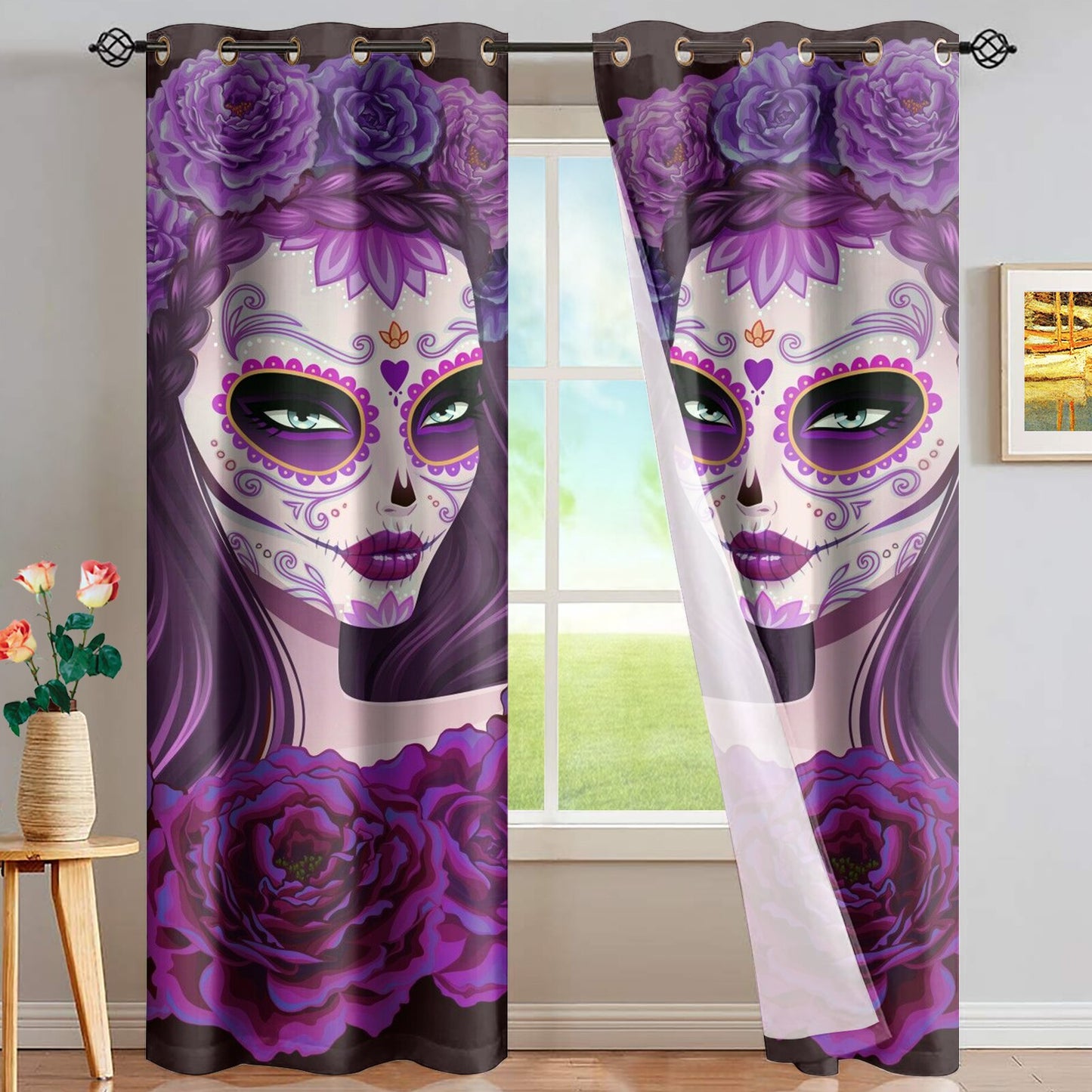 Sugar Skull Day Of The Dead Design Red Window Curtain