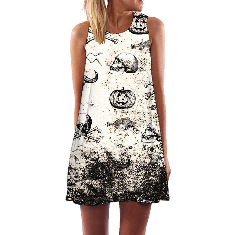 Women Summer Skull Dress Sundress 3D Printed Vintage