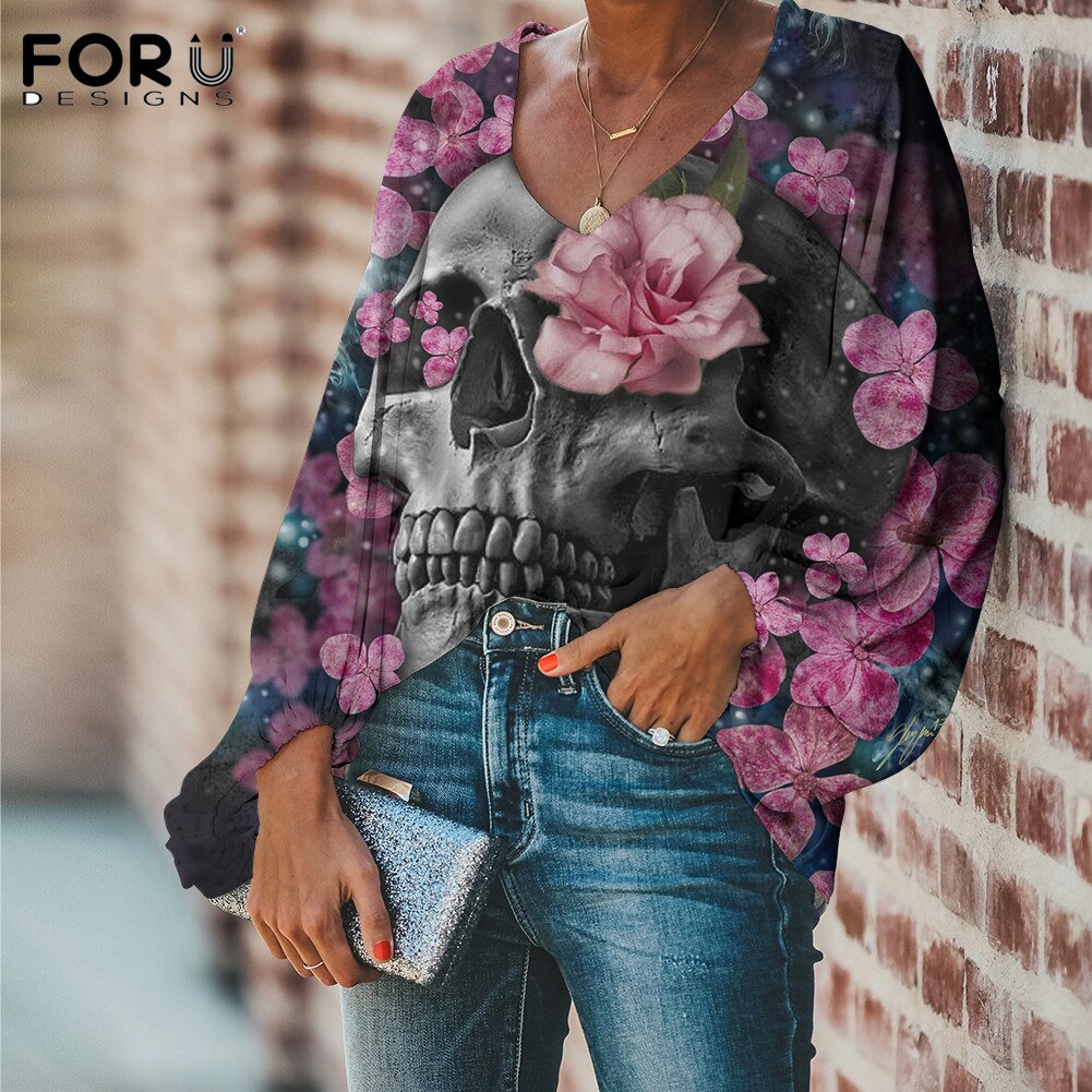 Sugar Skull With Flower Pattern Ladies Loose V Neck Casaul Balloon Sleeve