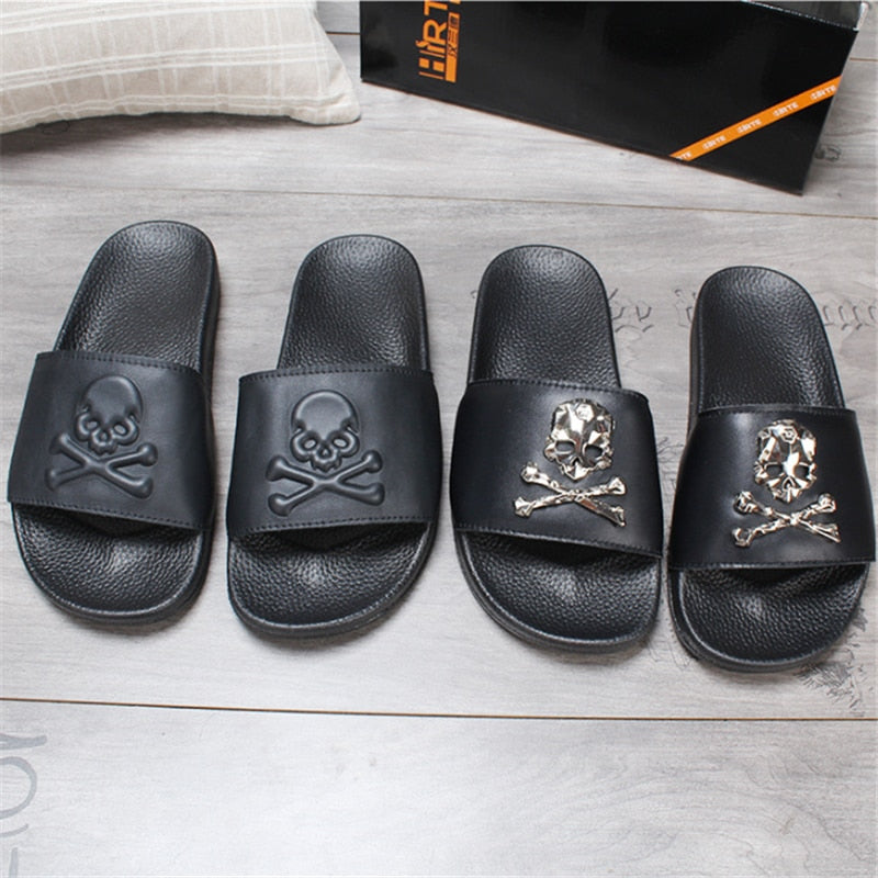 Summer Couple Soft-Soled Leather Slippers Men/Women Fashion Flip-Flops Ladies Skull Head Personalized Sandals Girl Trendy Shoes