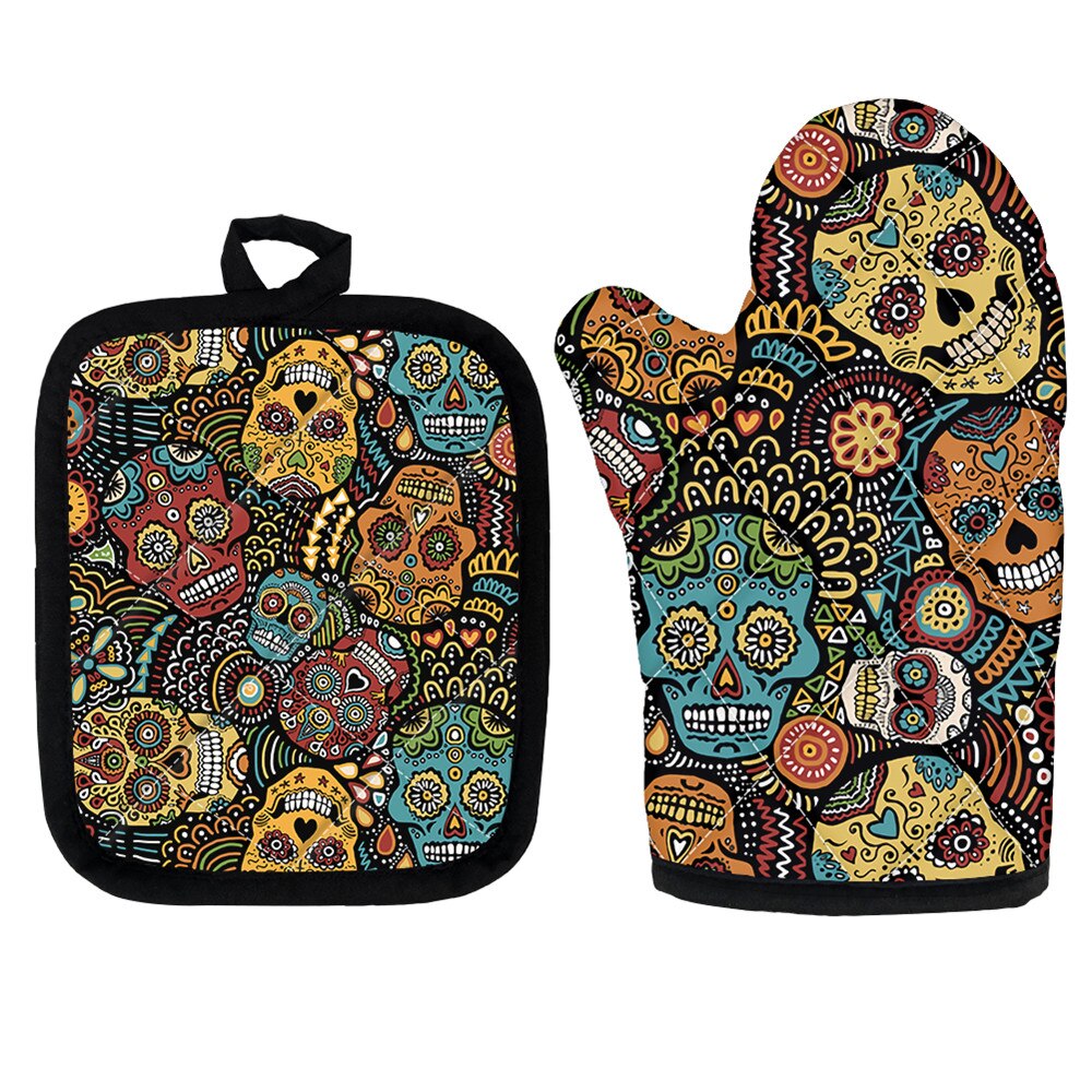 Set of 2 pcs Kitchen Cooking Microwave Oven Golves Sugar Skull Pattern