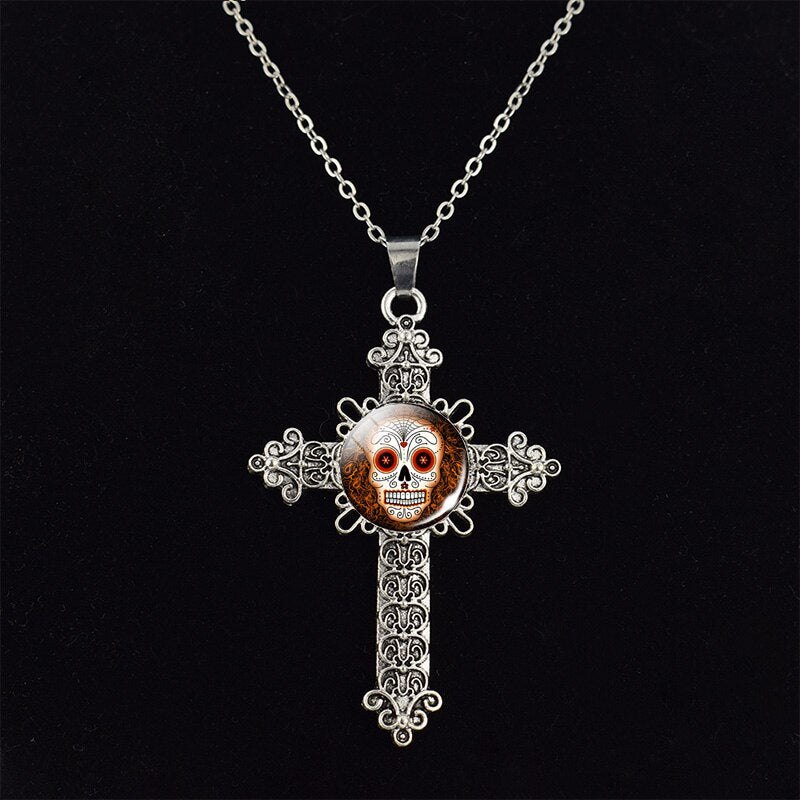 Sugar Skull Picture Glass Dome Cross Pendant Chain Necklace Punk Jewelry