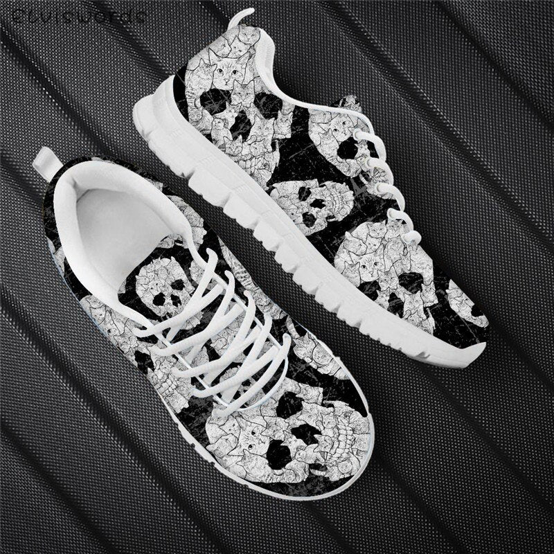 Punk Style Women Flats Skull Head 3D Print Breathable Air Mesh Sneaker Shoes