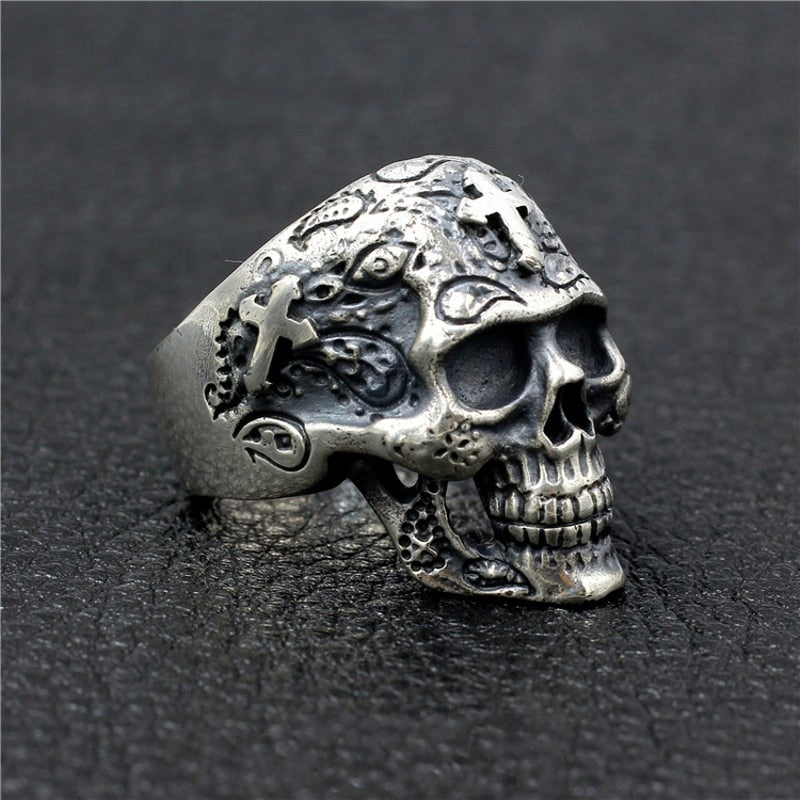 S925 pure silver skull men's ring handmade cross ghost head