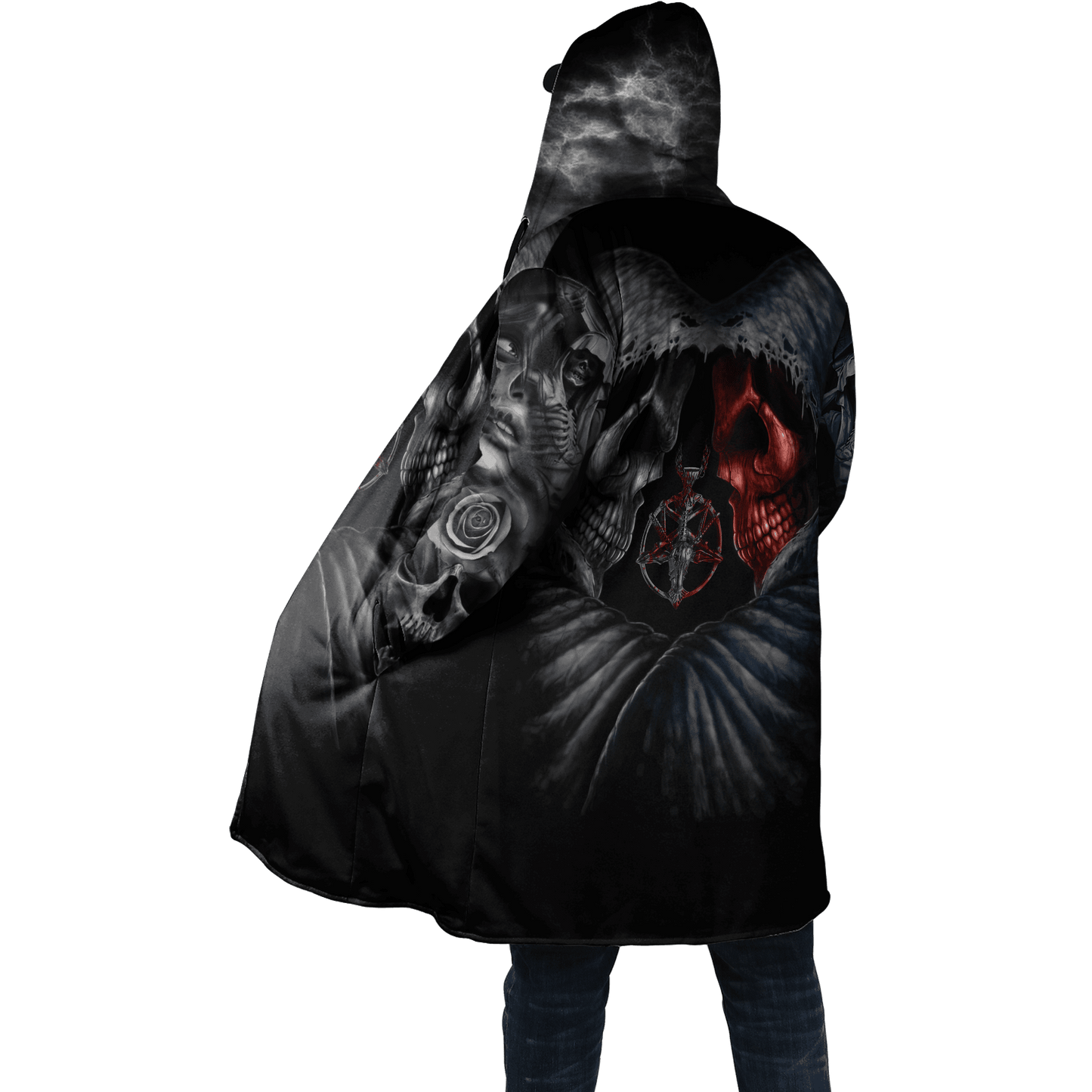 Winter Mens Cloak Gothic Reaper Skull Tattoo Fleece Hooded Cloak Coat Unisex Casual Thick Warm Cape coat, Halloween cloak coat