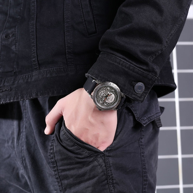 Fashion 3D SKULL Men Watches Luxury Retro Leather Casual Quartz Wrist Watches