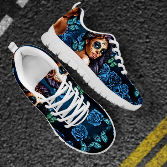 Breathable Shoes Women Flat Sneakers Day of the Dead Print Casual Lace-up