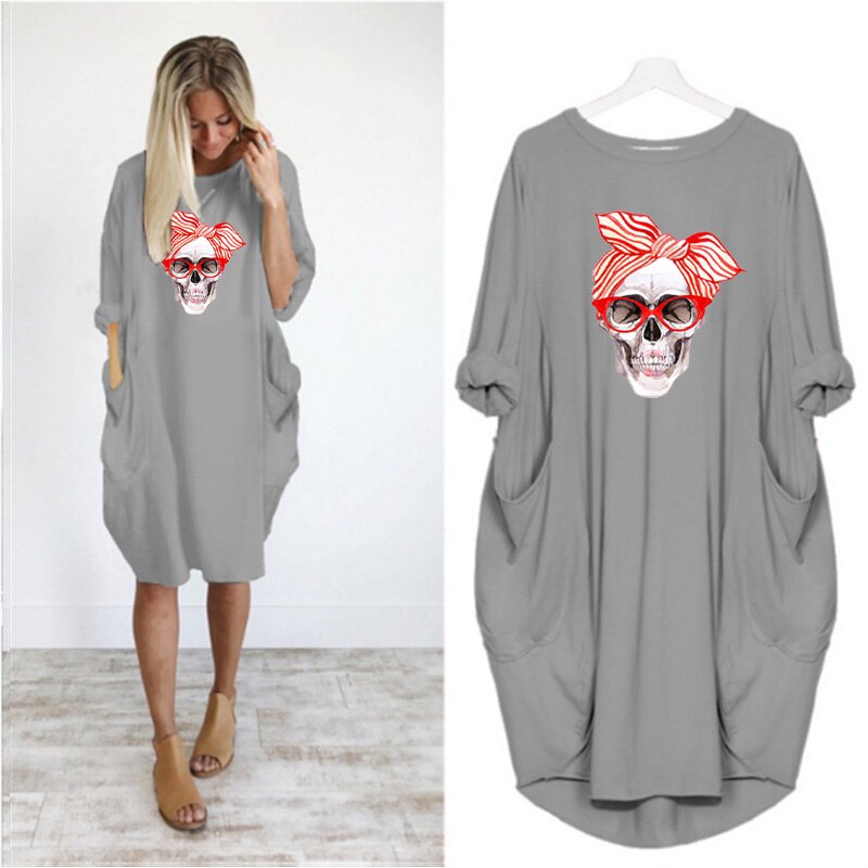 Plus Size 5XL Women's Dress Skull Print Long Sleeve O Collar Pocket