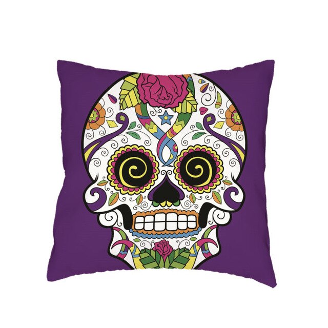 Colorful Sugar Skull Polyester Cushion Cover White Mexican Style