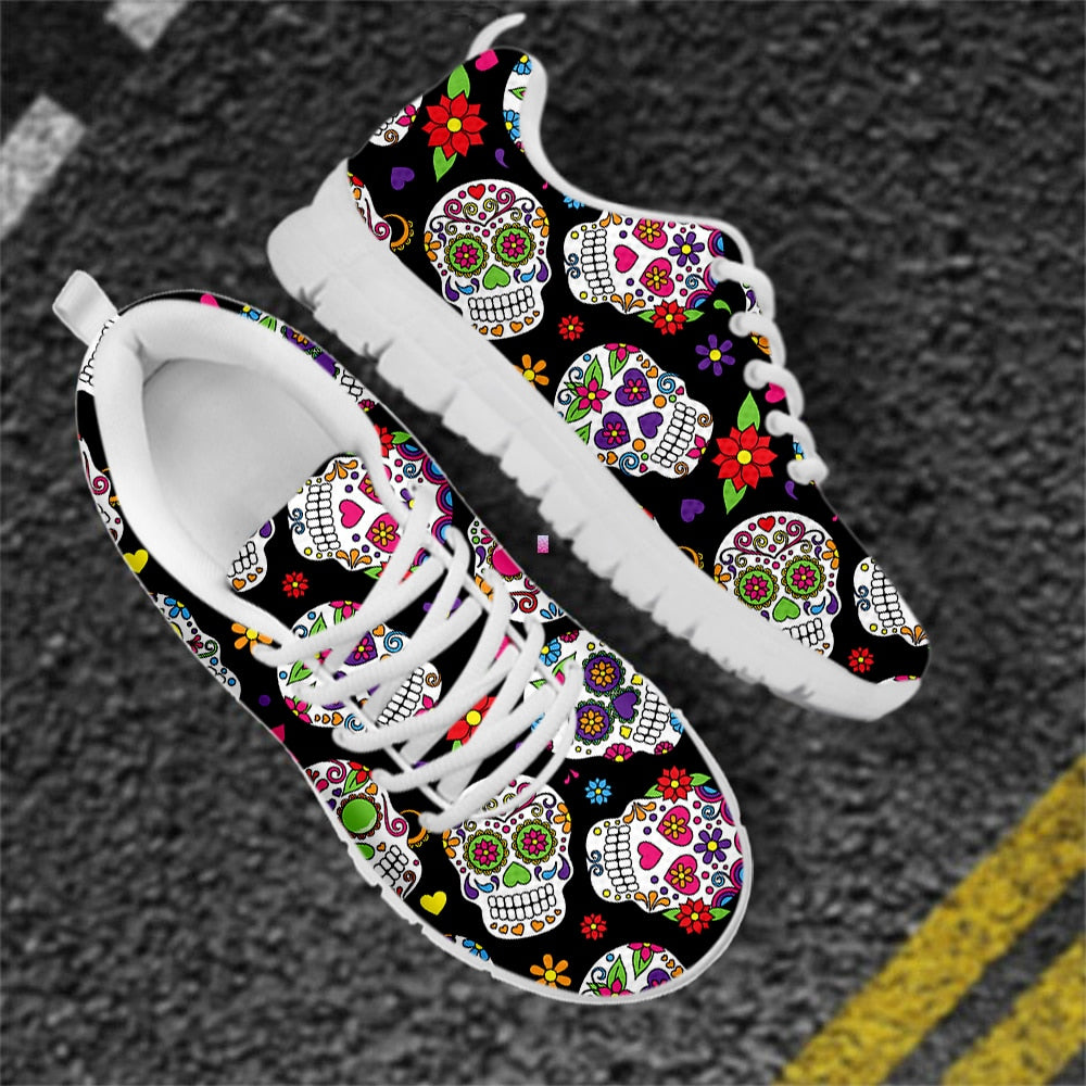 Sugar Skull Pattern Stylish Ladies Flats Shoes Breathable Lace Up Air Mesh Sneakers