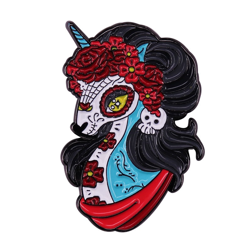 Sugar skull brooch badge enamel lapel pin Mexico Day of the dead Gothic art jewelry