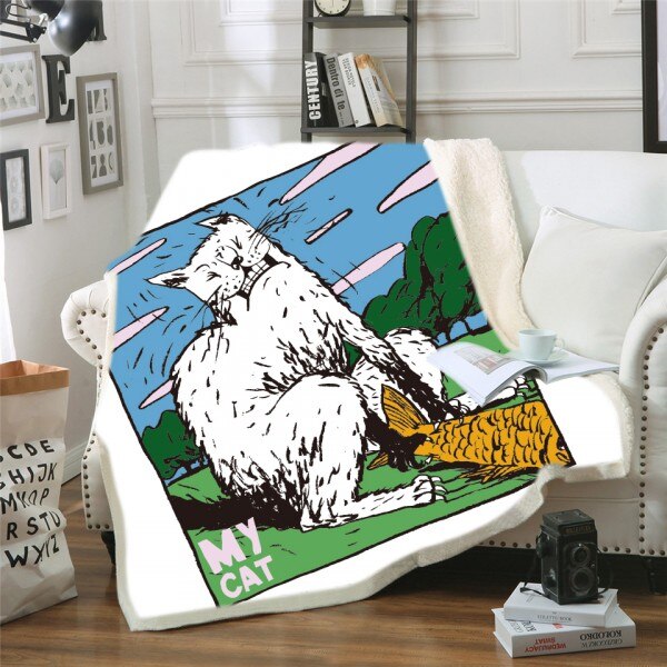 Cute Cats Throw Blanket on Sofa Bed Doodle Flowel Sherpa Fleece Blanket