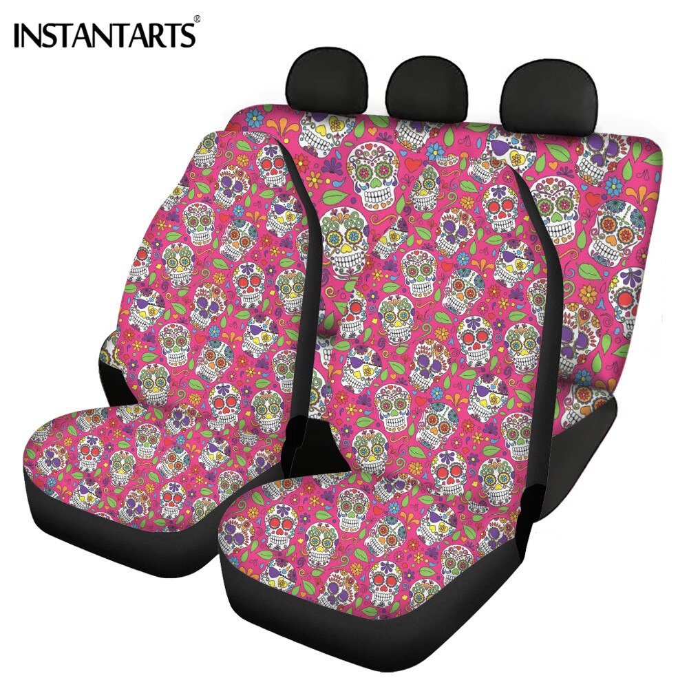 Newest Luxury Sugar Skull Pattern Design Lady Car Seat Covers Non-slip Washable Full Set Front/Back Car Seat Cushion