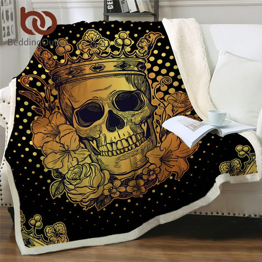 Skull Collection Sherpa Blanket Floral Golden Plush Sofa Throw Blanket