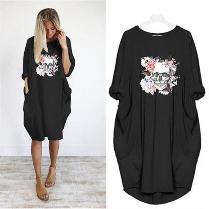 Plus Size 5XL Women's Dress Skull Print Long Sleeve O Collar Pocket