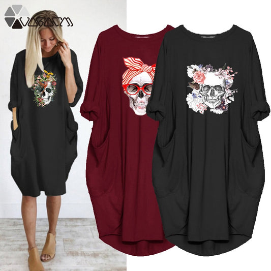 Plus Size 5XL Women's Dress Skull Print Long Sleeve O Collar Pocket