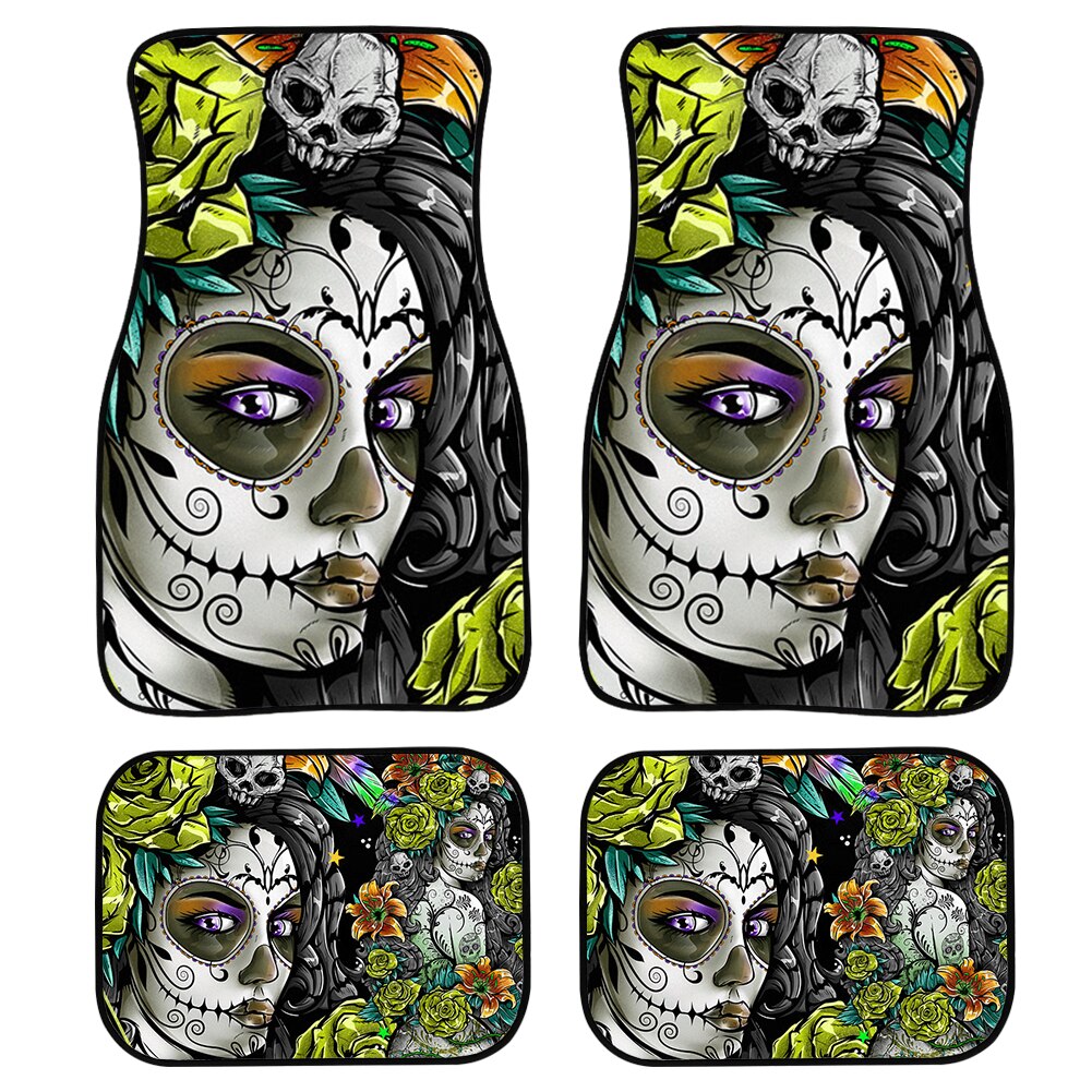 4pcs/Set Day Of The Dead Skull Gothic Car Floor Washable Mats for Front and Back