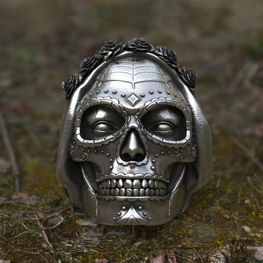 Goth Santa Muerte Ring Rose Crown Sugar Skull Stainless Steel