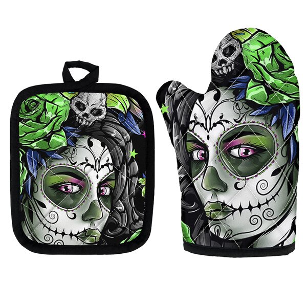 Skull Day of the Dead Gothic Style Kitchen Cooking Microwave Oven Gloves Mitts