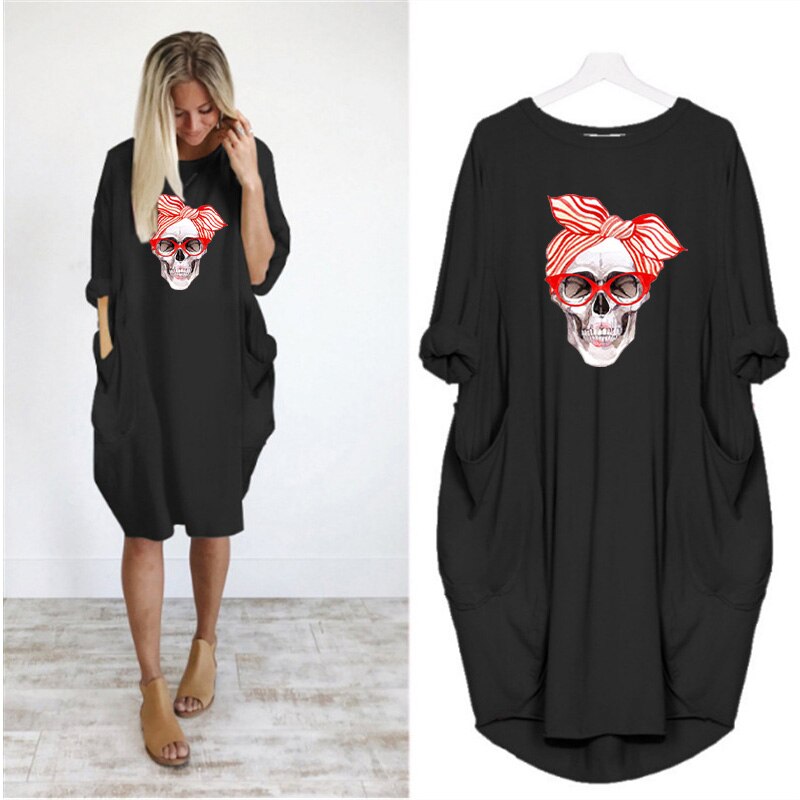 Plus Size 5XL Women's Dress Skull Print Long Sleeve O Collar Pocket