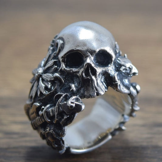 Men Women Stainless Steel Ring Gothic Music Guitar Flower Skull Ring Gargoyle Biker Rings Punk Fashion Jewelry