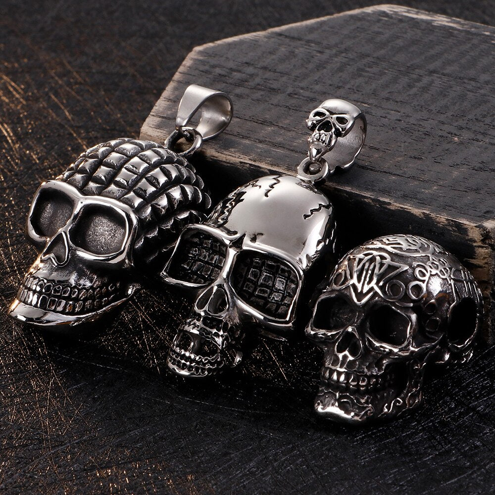 Retro Stainless Steel Mens Punk Skull Pendant Necklace