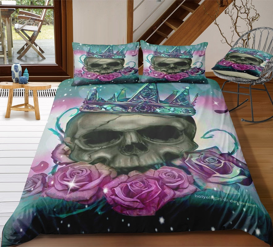 Luxury sugar skull Bedding Sets king Size Crown skull Duvet Cover and Pillowcase Comforter Set