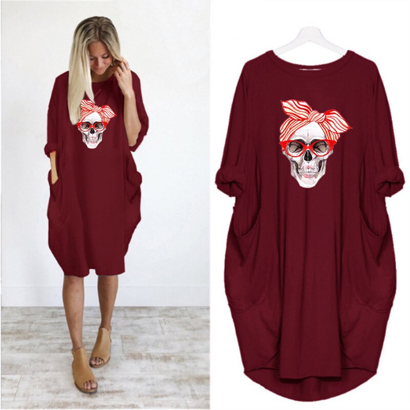 Plus Size 5XL Women's Dress Skull Print Long Sleeve O Collar Pocket