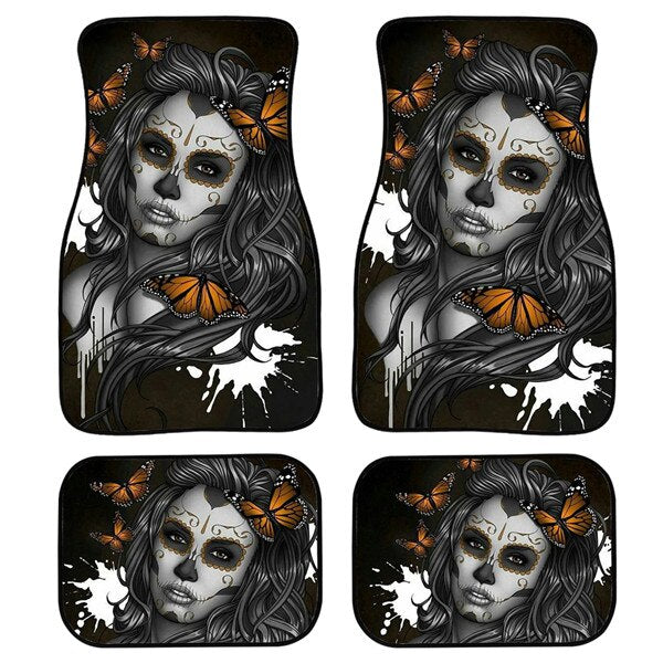 4pcs/Set Day Of The Dead Skull Gothic Car Floor Washable Mats for Front and Back