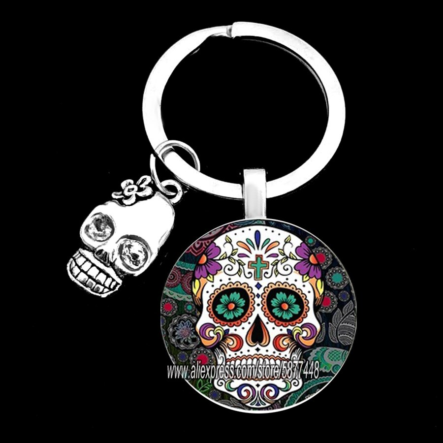 Exquisite Colorful Sugar Skull Pendent Glass Keychain Skeleton and Flower Key Ring for Unisex