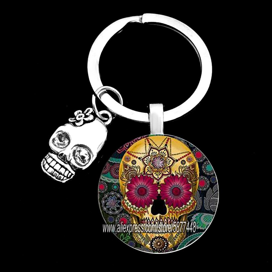 Exquisite Colorful Sugar Skull Pendent Glass Keychain Skeleton and Flower Key Ring for Unisex