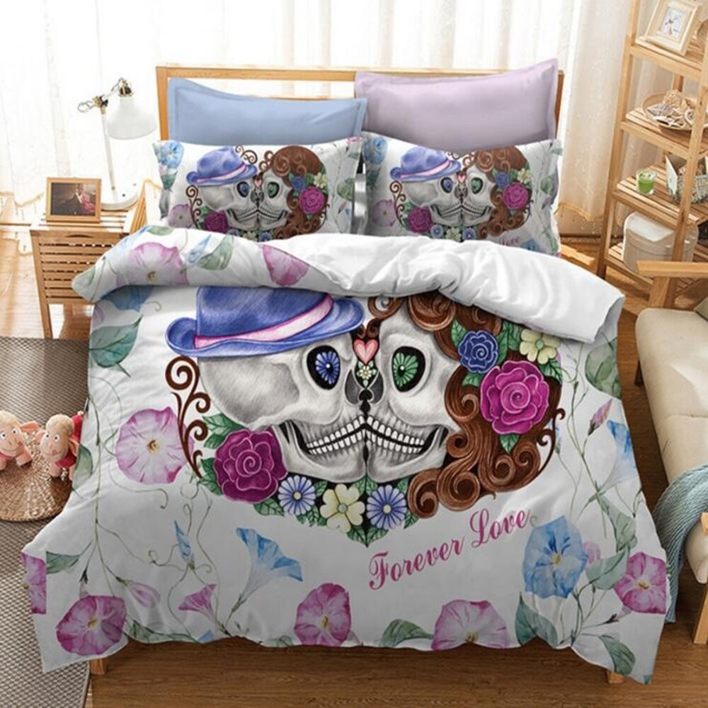 Sugar skull Bedding Sets Kiss skull Duvet Cover Bed Set Print 3d Flowers