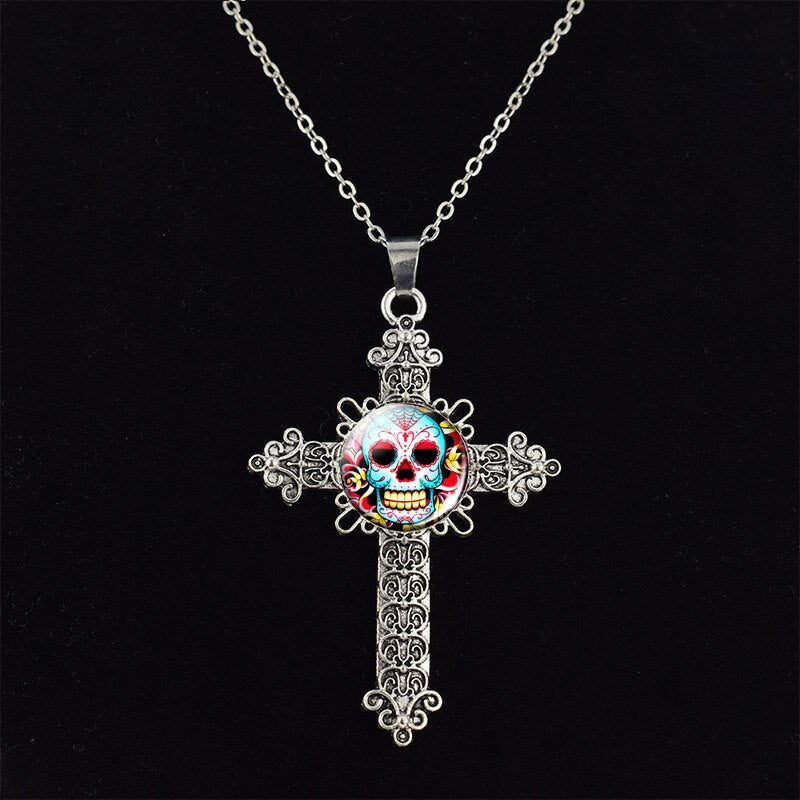 Sugar Skull Picture Glass Dome Cross Pendant Chain Necklace Punk Jewelry