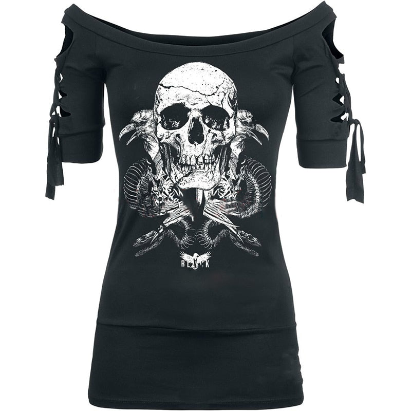 Black Skull Halloween Gothic Lace Up Criss Cross Blackless