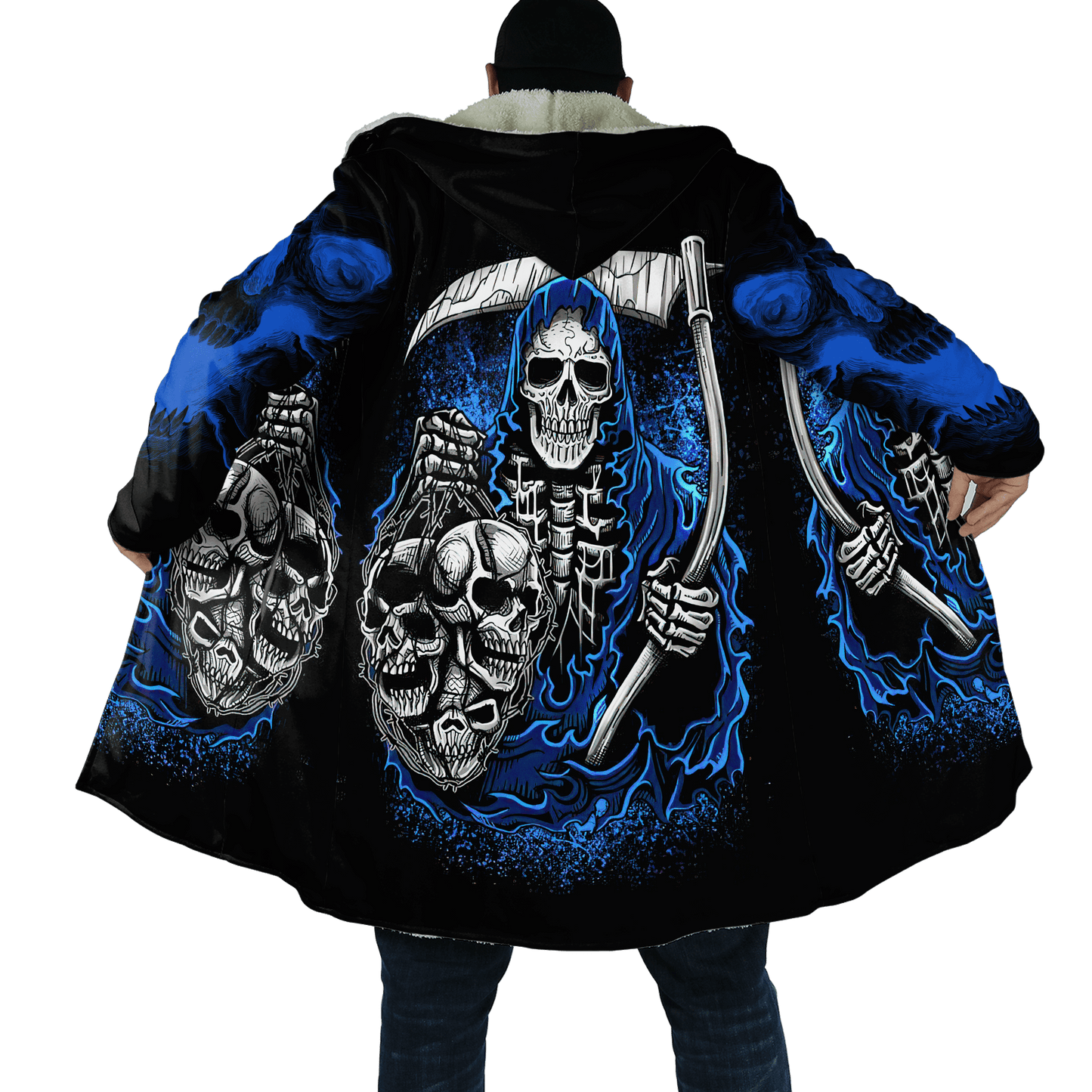 Winter Mens Cloak Gothic Reaper Skull Tattoo Fleece Hooded Cloak Coat Unisex Casual Thick Warm Cape coat, Halloween cloak coat