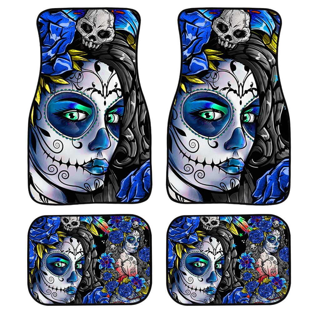 4pcs/Set Day Of The Dead Skull Gothic Car Floor Washable Mats for Front and Back