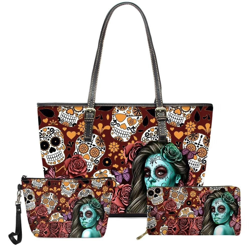 3pcs Fashion Sugar Skull Girl Pattern PU Leather Handbags Women Bag Set