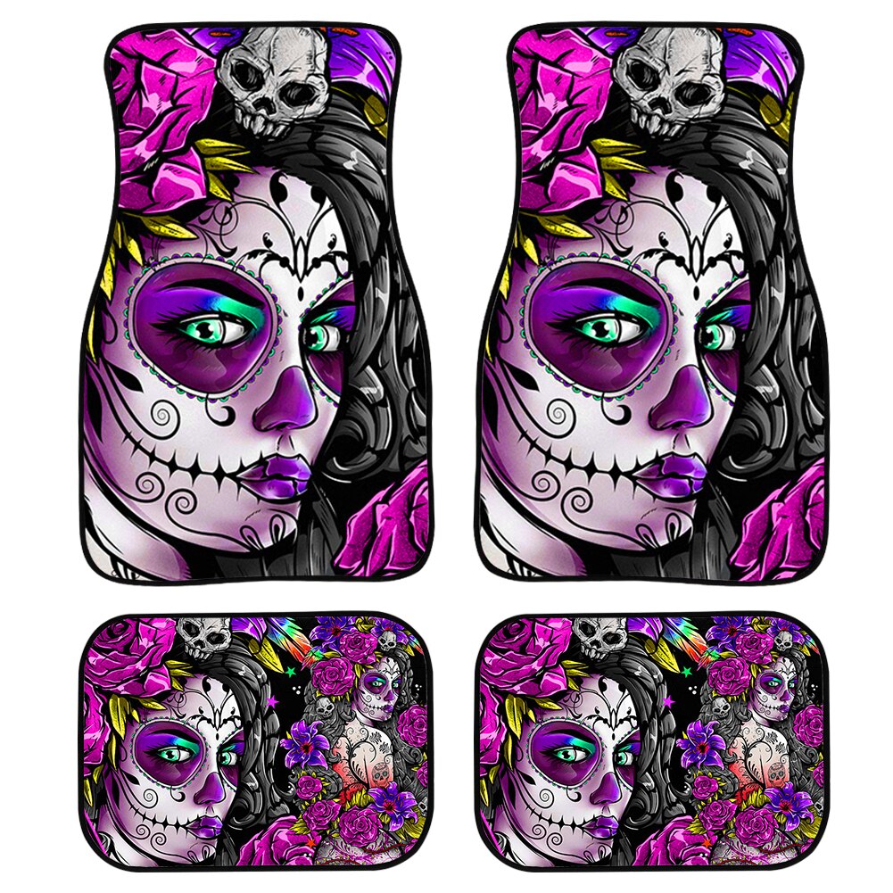 4pcs/Set Day Of The Dead Skull Gothic Car Floor Washable Mats for Front and Back