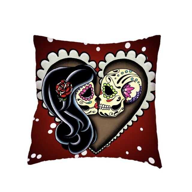 Colorful Sugar Skull Polyester Cushion Cover White Mexican Style